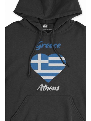 Cix Atina Yunanistan Bayraklı Kalpli Siyah Sweatshirt Hoodie