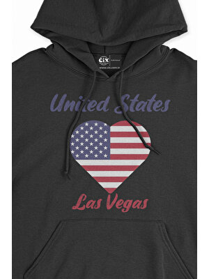 Cix Las Vegas Amerika Bayraklı Kalpli Siyah Sweatshirt Hoodie