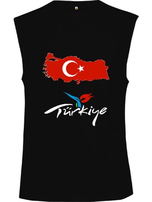 Tisho Türkiye,türkiye Bayrağı,türkiye Haritası. Siyah Kesik Kol Unisex Tişört