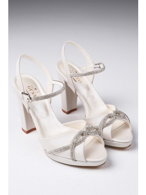Mio Gusto Beyaz Renk Taş Bantlı, Platformlu Kadın Abiye Topuklu Ayakkabı