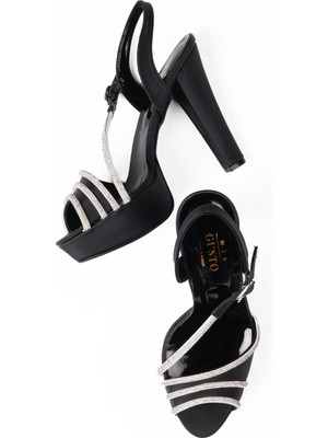 Mio Gusto Siyah Renk Taş Bantlı, Platformlu Kadın Abiye Topuklu Ayakkabı