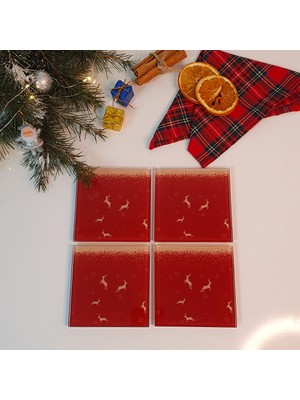 Decorita Cam Bardak Altlığı | Yeni Yıl Kırmızı 5'li Geyik | 4'lü Takım | 10CM x 10CM