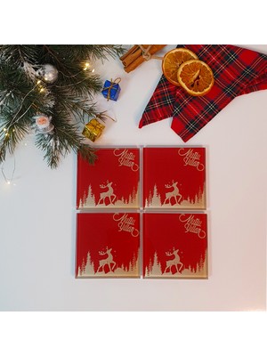 Decorita Cam Bardak Altlığı | Mutlu Yıllar Kırmızı Silüet | 4'lü Takım | 10CM x 10CM