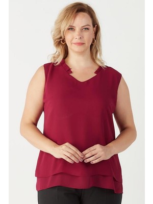 Moda Berray 3241 Yaka Fırfırlı Kolsuz Büyük Beden Şık Bluz Mürdüm