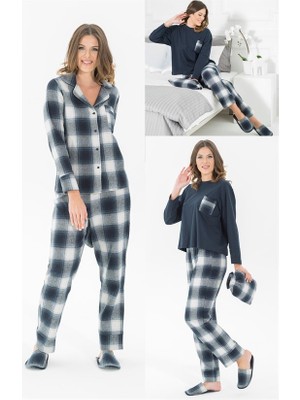 For You Moda Kadın 5 li Terlikli Lacivert Ekoseli Siyah Pijama Takımı S26799