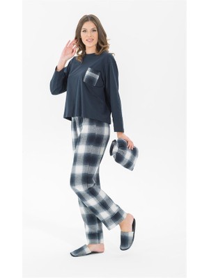 For You Moda Kadın 5 li Terlikli Lacivert Ekoseli Siyah Pijama Takımı S26799