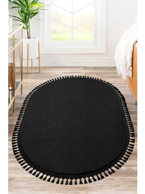 Valery Home Comfort Puffy Oval Ponpon Saçaklı Peluş Yıkanabilir Siyah Yolluk