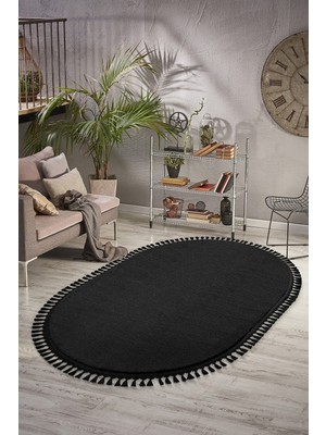 Valery Home Comfort Puffy Oval Ponpon Saçaklı Peluş Yıkanabilir Siyah Yolluk