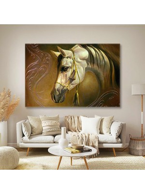 SML Tablo Püskül Aksesuarlı Asil Beyaz At Dekoratif Ahşap Dekoratif Desenli Kanvas Tablo