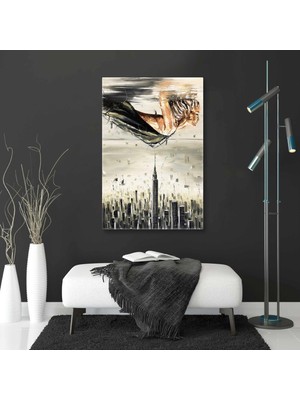 SML Tablo Sürreal Resim Modern Şehir Gökten Düşen Kadın Fırça Izleri Kanvas Tablo