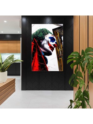 SML Tablo Şehirde Dolaşan Kırmızı Cekerli Joker Boya Sıçramaları Gotham City Kanvas Tablo