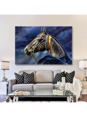 SML Tablo Asil At Detaylı Fırça Izleri Lacivert Gökyüzü Hayvan Dekorasyon Kanvas Tablo