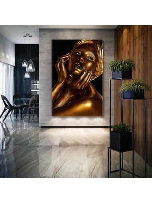 SML Tablo Gold Makyajlı Dudakları Pırıltılı Manken Make Up Dekoratif Kanvas Tablo