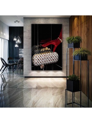 SML Tablo Gold ve Kırmızı Detaylı Abiye Çanta Kırmızı Deri Eldiven Altın Aksesuar Kanvas Tablo