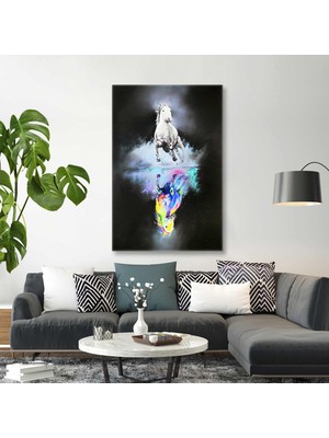 SML Tablo Beyaz At ve Renkli At Zıt Yönler Neon Renkler Fırça Izleri Kanvas Tablo