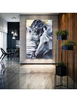 SML Tablo Saçları Uçusan Kadın ve Beyaz Asil Atı Dijital Çizimi Kanvas Tablo
