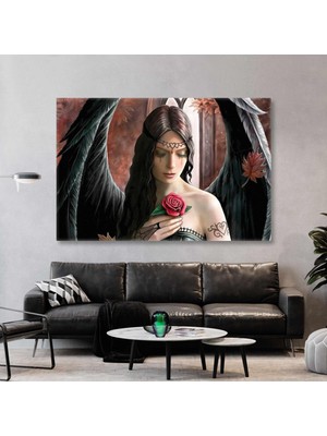 SML Tablo Kırmızı Güllü Siyah Kanatlı Melek Sonbahar Dökülen Sarı Yapraklar Kanvas Tablo