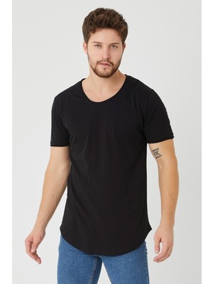 Cool Tarz Siyah Erkek Oval Kesim Slim Fit Pis Yaka Salaş T-Shirt