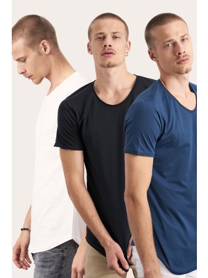 Cool Tarz 3'lü Paket Beyaz-Siyah-Lacivert Pis Yaka Salaş T-Shirt