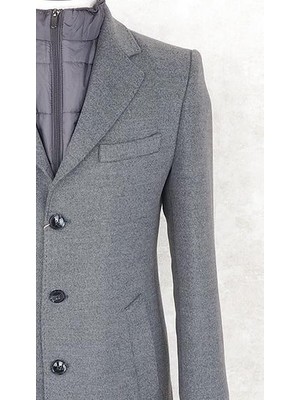 Jan Carlucci Erkek - Slim Fit - Gri - Çıkmalı Ceket Yaka - Içi Kapitoneli -Tek Yırtmaç - Dizüstü Kaşe Kaban