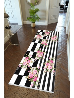 10 Post Online  yolluk Koridor Pembe Siyah Dijital Baskı Kaymaz Yuvarlak Oval Kesme Ince Yıkanabilir Halı