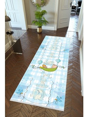 10 Post Online  yolluk Koridor Mavi Dijital Baskı Kaymaz Yuvarlak Oval Kesme Ince Yıkanabilir Halı