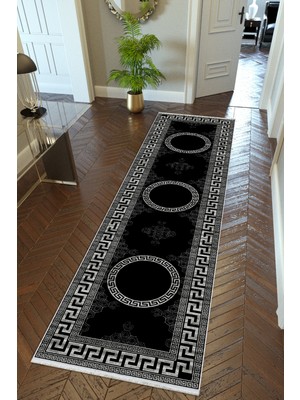 10 Post Online  yolluk Koridor Siyah Gri Dijital Baskı Kaymaz Yuvarlak Oval Kesme Ince Yıkanabilir Halı