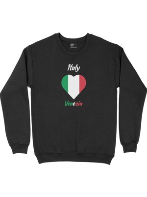 Cix Venedik Italya Bayraklı Kalpli Siyah Sweatshirt