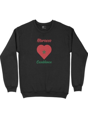 Cix Kazablanka Fas Bayraklı Kalpli Siyah Sweatshirt