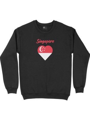Cix Singapur Bayraklı Kalpli Siyah Sweatshirt