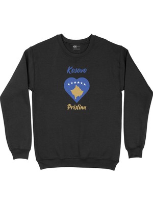 Cix Piriştine Kosova Bayraklı Kalpli Siyah Sweatshirt