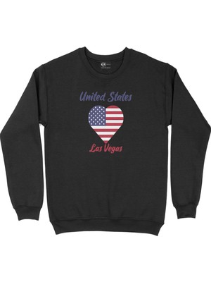 Cix Las Vegas Amerika Bayraklı Kalpli Siyah Sweatshirt