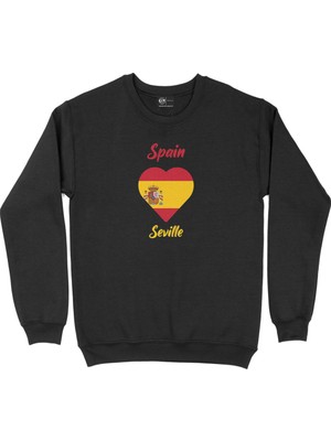 Cix Sevilya Ispanya Bayraklı Kalpli Siyah Sweatshirt