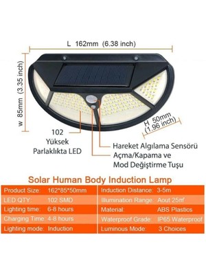 Güneş Enerjili Hareket Sensörlü 102 Led Bahçe Lambası