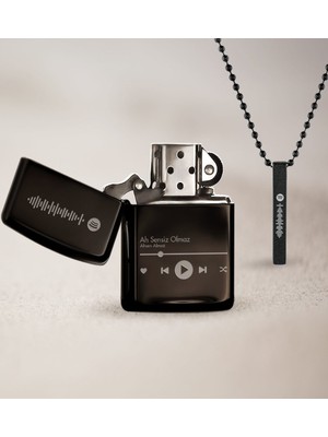 BK Kişiye Özel Spotify Barkodlu Siyah Benzinli Çakmak ve Çubuk Bar Kolye-1