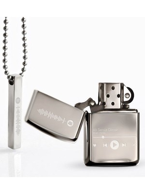 BK Kişiye Özel Spotify Barkodlu Gümüş Benzinli Çakmak ve Çubuk Bar Kolye-1