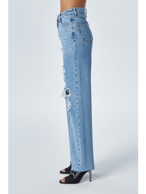 Cross Jeans Weslie Açık Mavi Yüksek Bel Fermuarlı Paçası Kesikli Wideleg Fit Jean Pantolon C 4530-060
