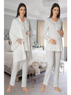 Effortt Effort Kadın Kışlık Ekru Kadife Sabahlıklı Lohusa Hamile Pijama Takımı 8088