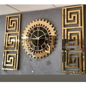 Eyka Store Xl Dekoratif 3 Lü Set Pleksi Gold Aynalı Şık Duvar Saati ve Dekoru. Büyük Boy