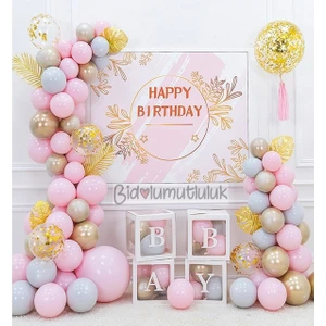 Bi Dolu Mutluluk Baby Yazılı Balon Kutusu Pembe Balon Konsepti Doğum Günü Kutlama