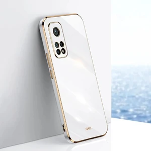 M.TK Moveteck Xiaomi Mi 10T Uyumlu Kılıf Kamera Korumalı Parlak Gold Şerit Kenarlı Yumuşak Silikon Kapak