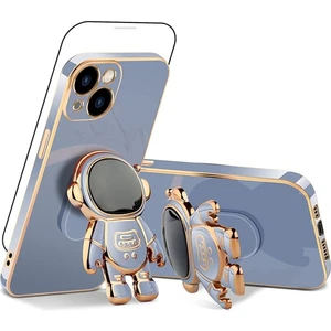 M.TK Moveteck Apple iPhone 14 Plus Kılıf Şık Tasarım Astronot Yatay ve Dikey Standlı Sevimli Parlak Gold Kenarlı Korumalı