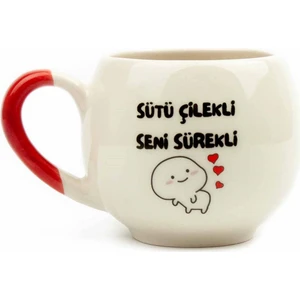 Sütü Çilekli Seni Sürekli Krem Parlak Balon Kupa (Kırmızı Kulp)