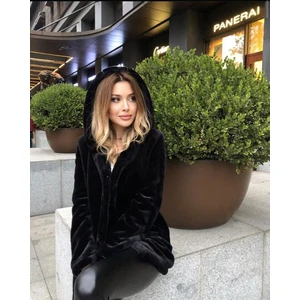 Peluş Kapişonlu Yumoş Kürk Kaban