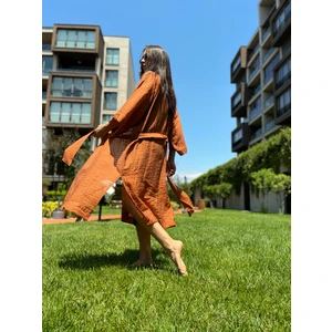 Kiremit Turuncu Basic Oversize Baskısız Dokuma Kumaş Uzun Kadın Kimono
