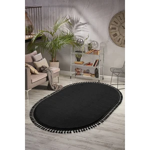 Valery Home Comfort Puffy Oval Ponpon Saçaklı Peluş Yıkanabilir Siyah Yolluk