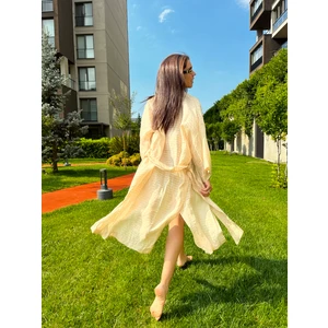 Bej Basic Oversize Baskısız Dokuma Kumaş Uzun Kadın Kimono