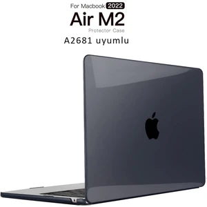 Macbook Air M2 13.6” 2022 A2681 Kapak Kılıf Parlak Siyah Transparan Kapak 13.6" Uyumlu 360° Koruma