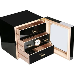 Çekmeceli 3 Katlı Sedir Humidor Puro Kutusu Siyah Renk RB80