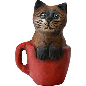 Boho Bazzar Teak Ağacı El Yapımı Bardak Içinde Kedi Biblo 13CM